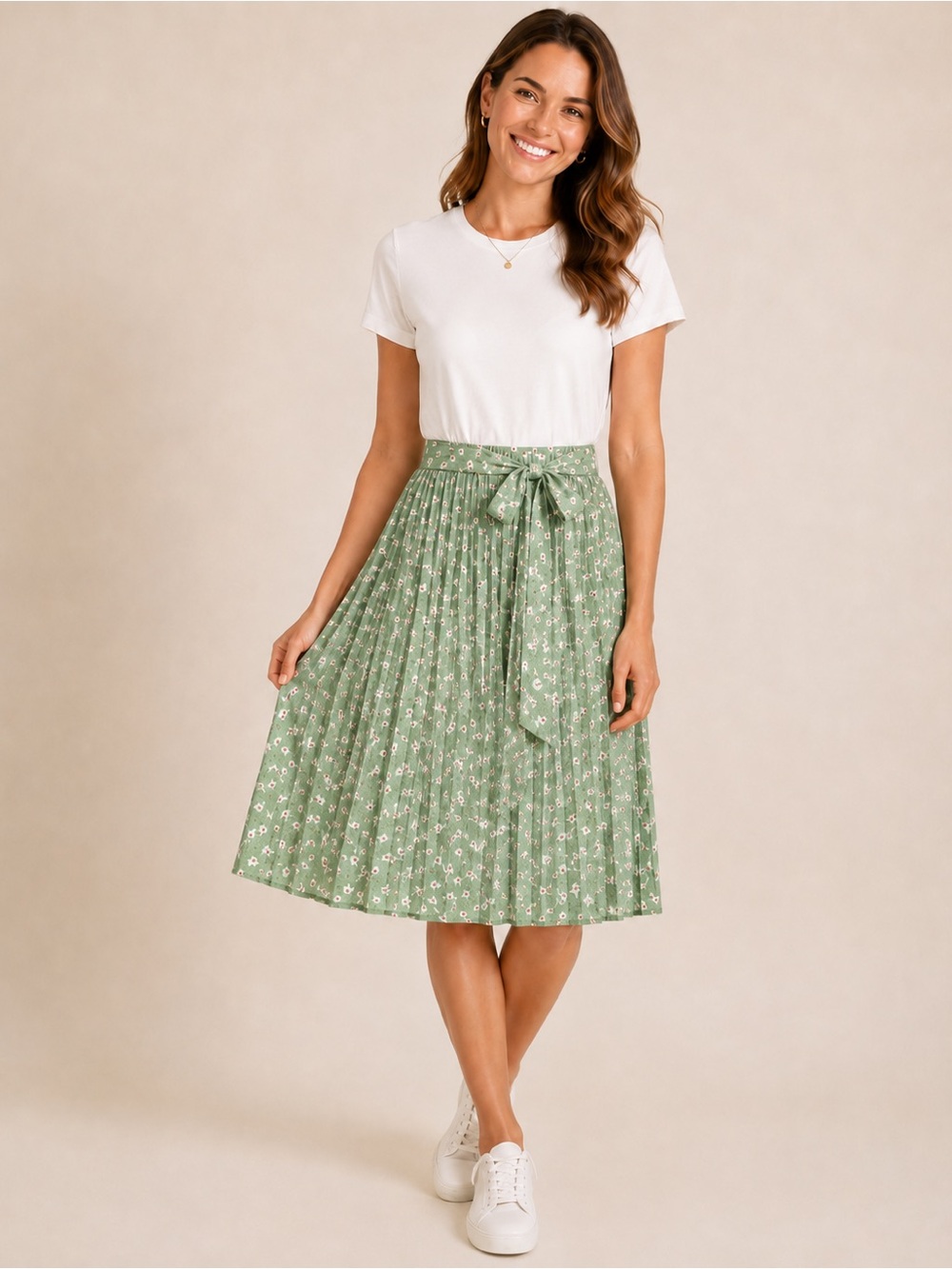 SHEIN Green Floral Pleated Midi Skirt with Tie Waist